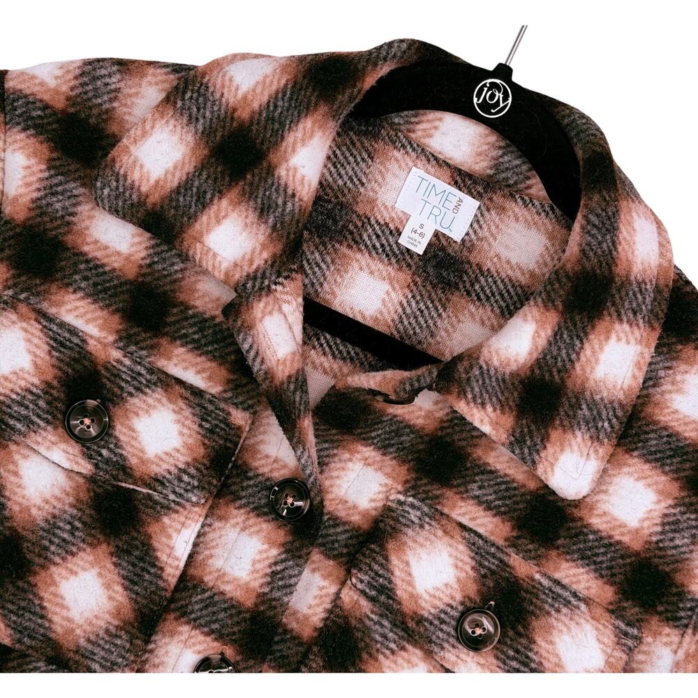 Time and Tru Brown Black Cream Oversized Thick Plaid Shacket Jacket  S (4-6)